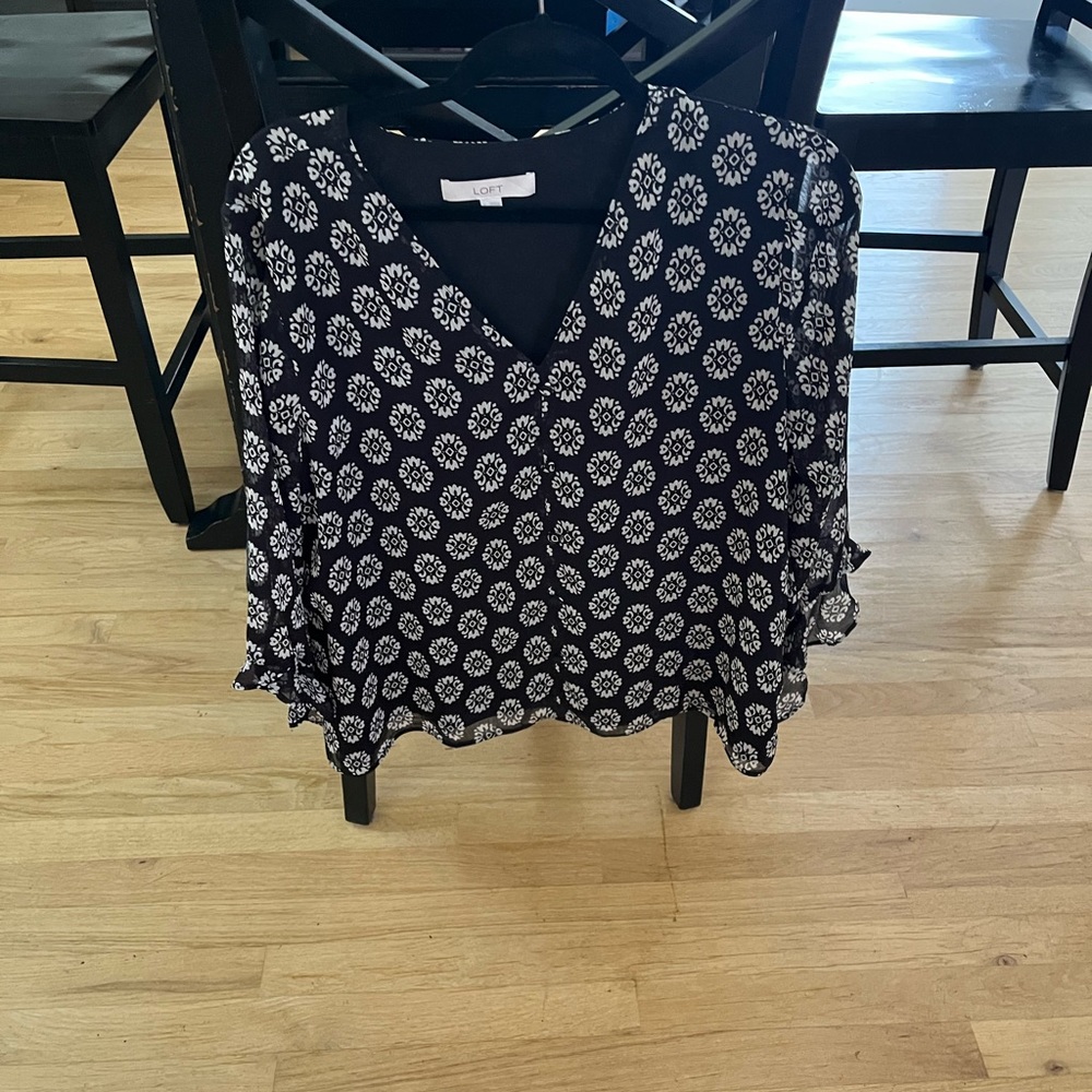 LOFT Black and White Floral Blouse